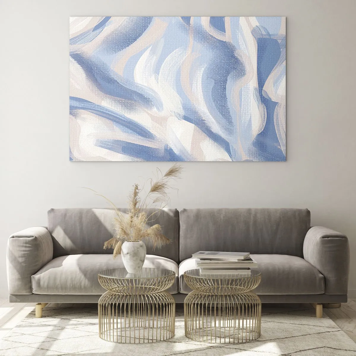 Glastavla - Bild på glas - Abstrakta penseldrag i blått, vitt och beige i vågig form - 70x50cm - Blå krusningar - Modern väggdekoration för vardagsrum och sovrum ARTTOR