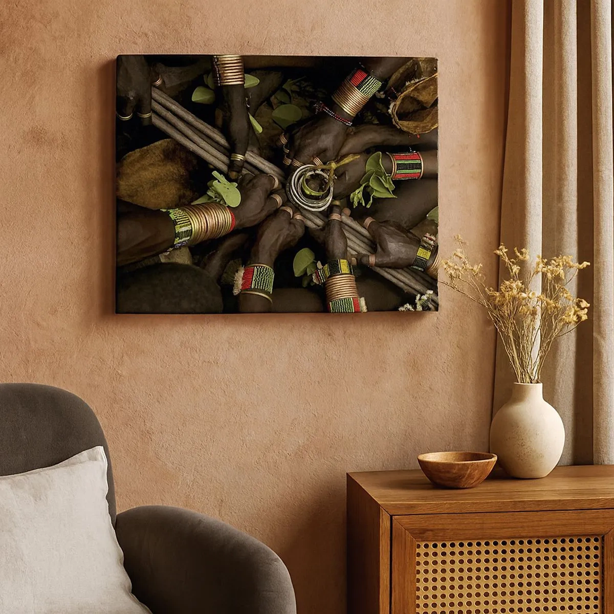 Canvastavla - Bild på duk - Traditionella handarmband i en grupp av händer - 70x50cm - Vi är tillsammans - Modern väggdekoration för vardagsrum och sovrum ARTTOR