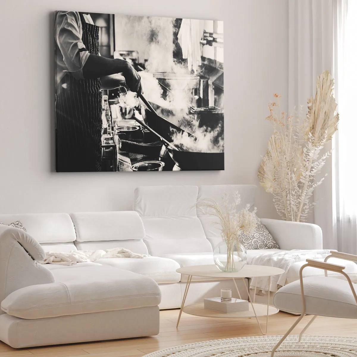 Canvastavla - Bild på duk - En kock på jobbet i köket med ånga som stiger från en stekpanna - 70x50cm - Alkemi av smaker - Modern väggdekoration för vardagsrum och sovrum ARTTOR