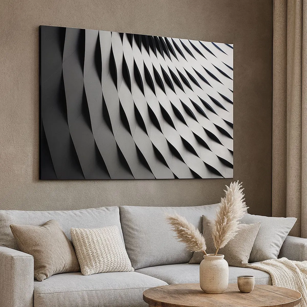 Canvastavla - Bild på duk - Abstrakt geometriskt mönster i svarta och vita nyanser - 70x50cm - På vågornas yta - Modern väggdekoration för vardagsrum och sovrum ARTTOR
