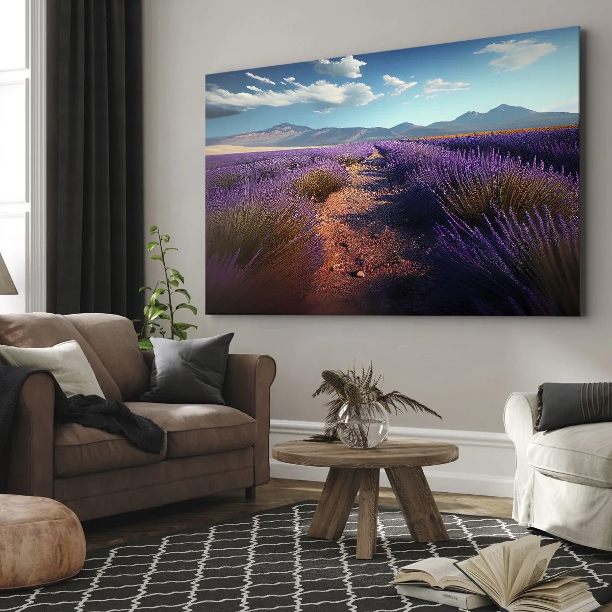 Canvastavla - Bild på duk - Ett lavendelfält med utsikt över bergen och den blå himlen - 70x50cm - Doftande fält - Modern väggdekoration för vardagsrum och sovrum ARTTOR