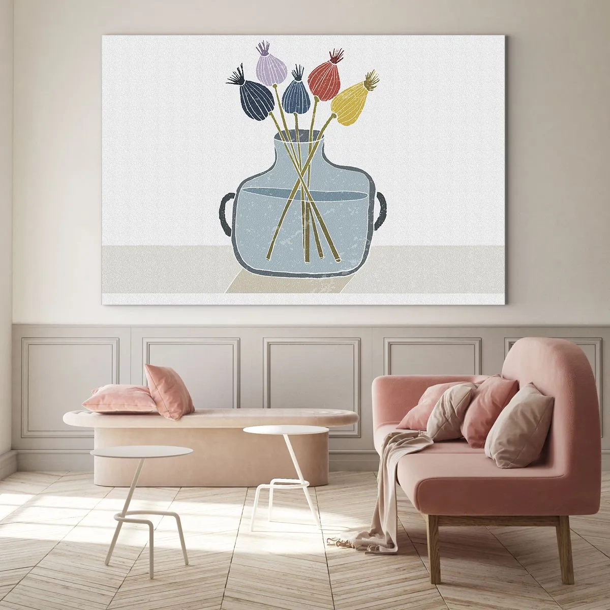 Glastavla - Bild på glas - Dekorativa vallmohuvuden i en kanna i grafisk stil - 70x50cm - Vallmovas - Modern väggdekoration för vardagsrum och sovrum ARTTOR