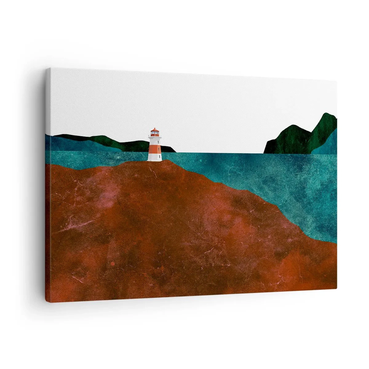 Canvastavla - Bild på duk - En fyr mot bakgrund av berg och hav - 70x50cm - Med blicken riktad mot havet - Modern väggdekoration för vardagsrum och sovrum ARTTOR