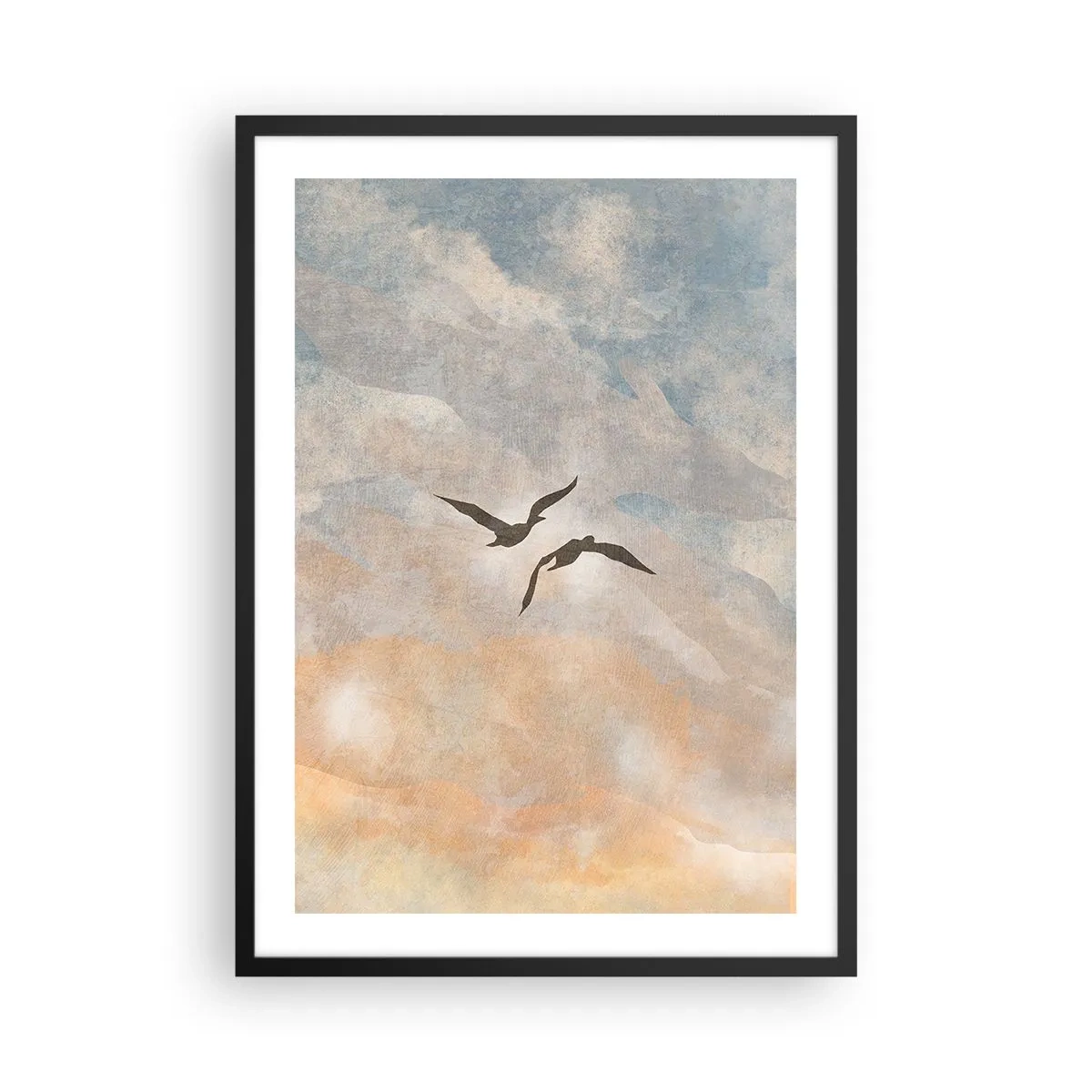 Affisch i svart ram - Två fåglar som flyger mot himlen, i delikata nyanser av blått och orange. - 50x70cm - Dans på himlen - Modern väggdekoration för vardagsrum och sovrum ARTTOR