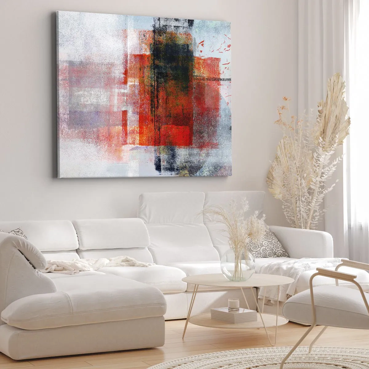 Canvastavla - Bild på duk - Abstrakt geometrisk komposition med röda och orange accenter - 70x50cm - Glödande komposition - Modern väggdekoration för vardagsrum och sovrum ARTTOR