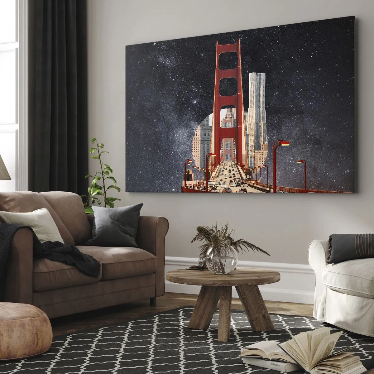 Canvastavla - Bild på duk - Golden Gate-bron med staden i bakgrunden mot en stjärnklar himmel - 70x50cm - Alltid i centrum - Modern väggdekoration för vardagsrum och sovrum ARTTOR
