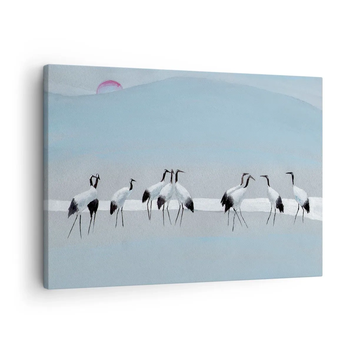 Canvastavla - Bild på duk - En grupp tranor mot en blå himmel och den uppgående solen - 70x50cm - Efter en het dag - Modern väggdekoration för vardagsrum och sovrum ARTTOR