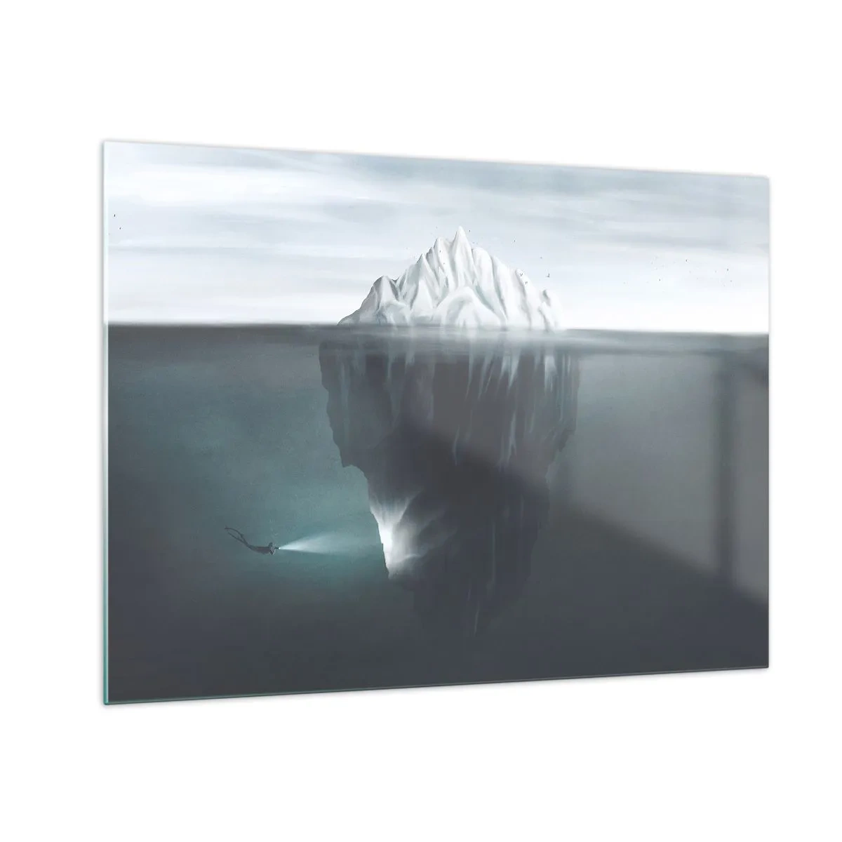 Glastavla - Bild på glas - Ett isberg med en dykare som utforskar undervattensdelen - 70x50cm - Undervattensmysterium - Modern väggdekoration för vardagsrum och sovrum ARTTOR