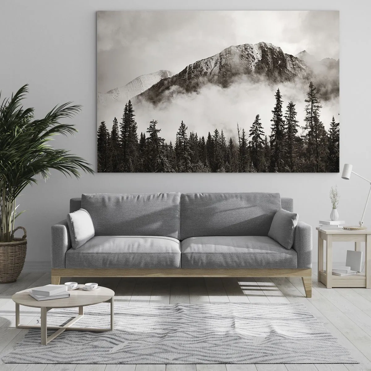 Glastavla - Bild på glas - Berglandskap med skog och dimma i sepiatoner - 70x50cm - Granithärskare - Modern väggdekoration för vardagsrum och sovrum ARTTOR