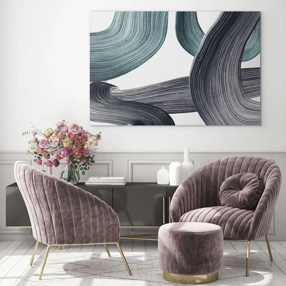 Glastavla - Bild på glas - Dynamiska strängar i nyanser av smaragdgrönt och svart på en vit bakgrund - 70x50cm - Smaragd och svarta spår - Modern väggdekoration för vardagsrum och sovrum ARTTOR