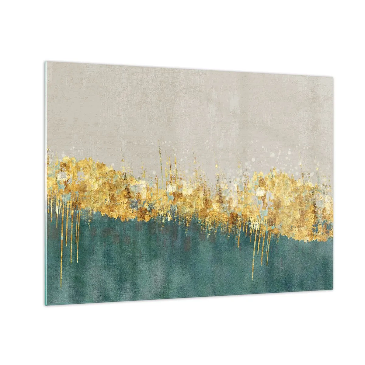 Glastavla - Bild på glas - Guldfärgade accenter skapar en gräns mellan beige och flaskgrönt - 70x50cm - Den gyllene gränsen - Modern väggdekoration för vardagsrum och sovrum ARTTOR