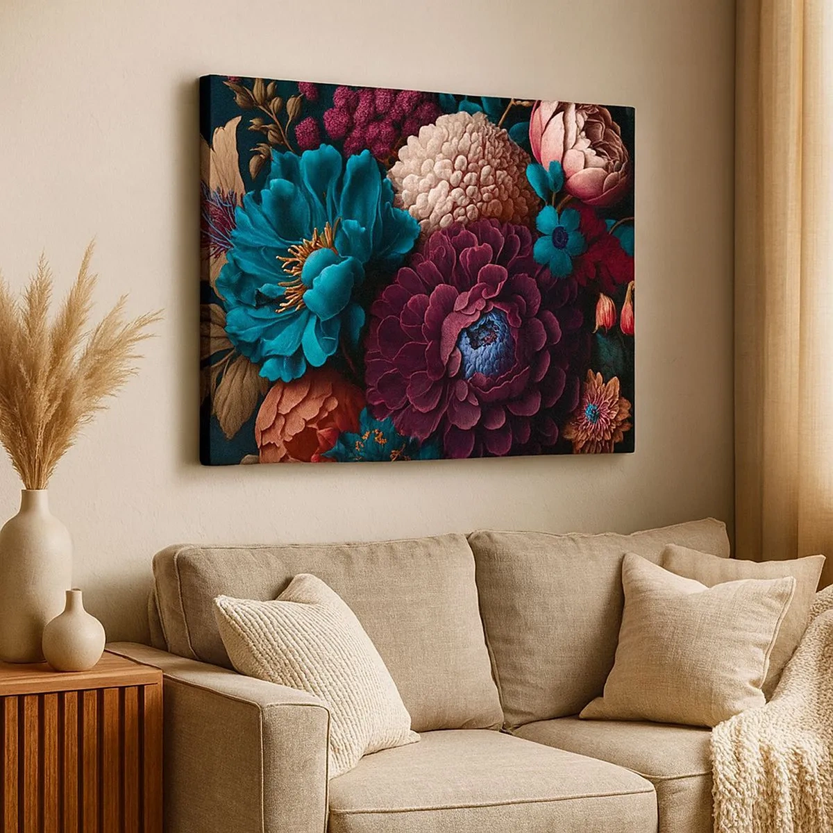 Canvastavla - Bild på duk - En blombukett i intensiva färger mot en mörk bakgrund - 70x50cm - Natur i överflöd - Modern väggdekoration för vardagsrum och sovrum ARTTOR