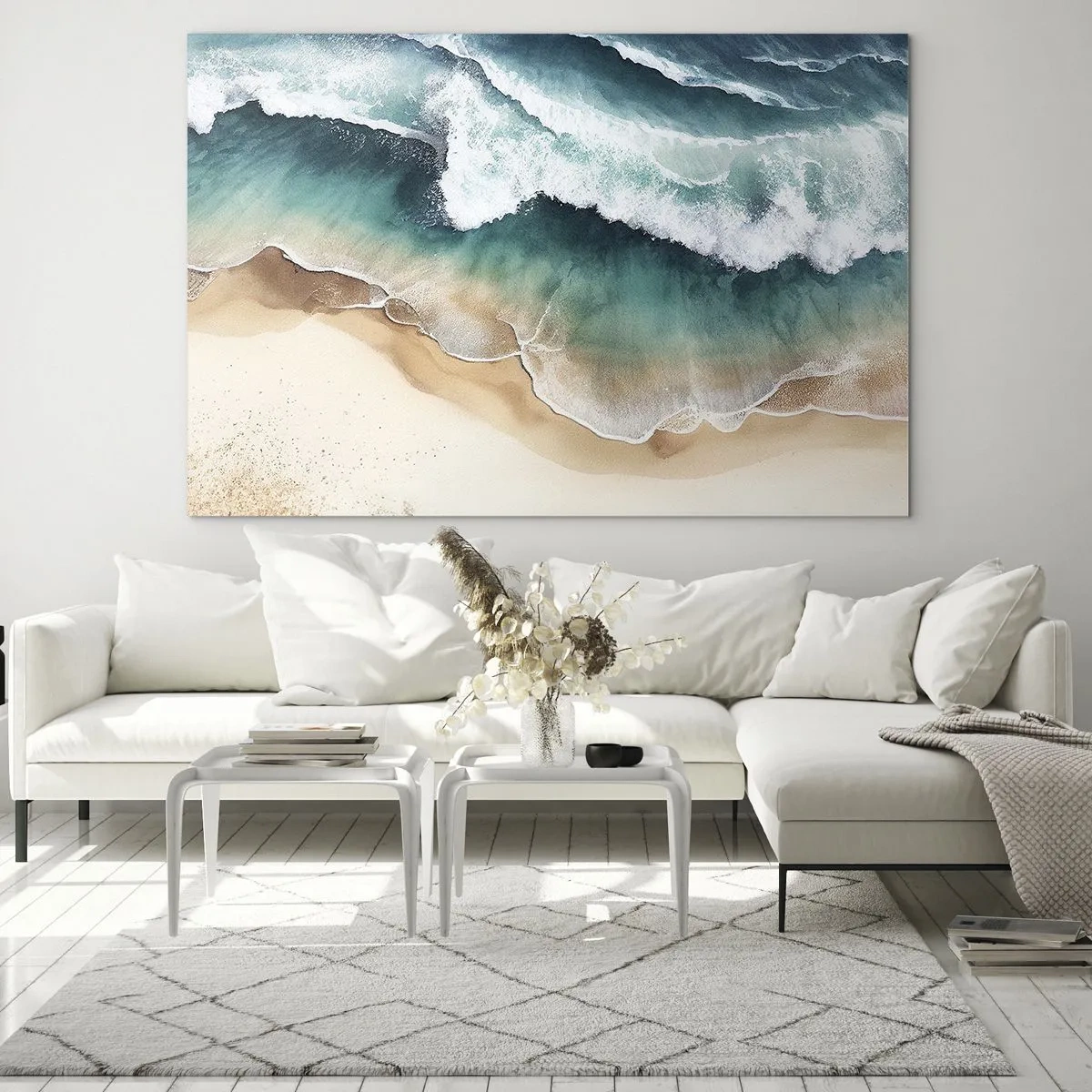 Glastavla - Bild på glas - Havsvågor som slår mot en gyllene sandstrand - 70x50cm - Ett evigt möte - Modern väggdekoration för vardagsrum och sovrum ARTTOR