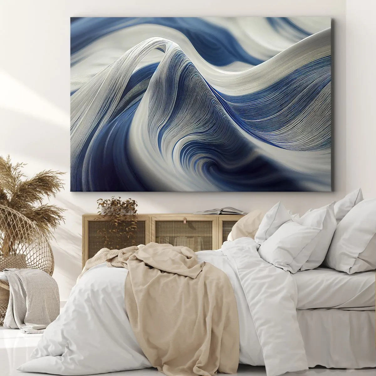 Canvastavla - Bild på duk - Abstrakta vågor i nyanser av blått och vitt - 70x50cm - Flöde av blått och vitt - Modern väggdekoration för vardagsrum och sovrum ARTTOR