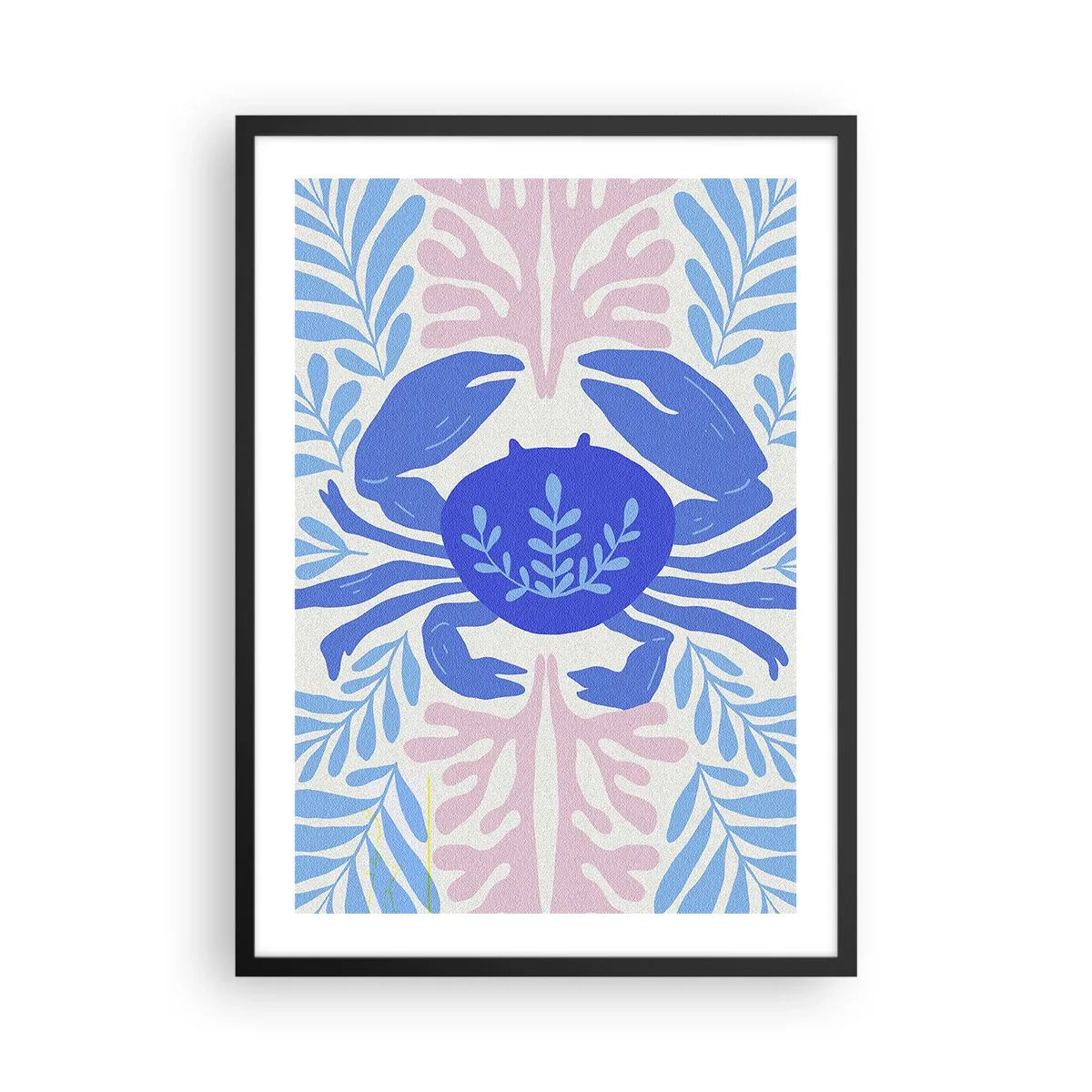 Affisch i svart ram - En dekorativ blå krabba omgiven av havsväxter. - 50x70cm - Som en havsblomma - Modern väggdekoration för vardagsrum och sovrum ARTTOR