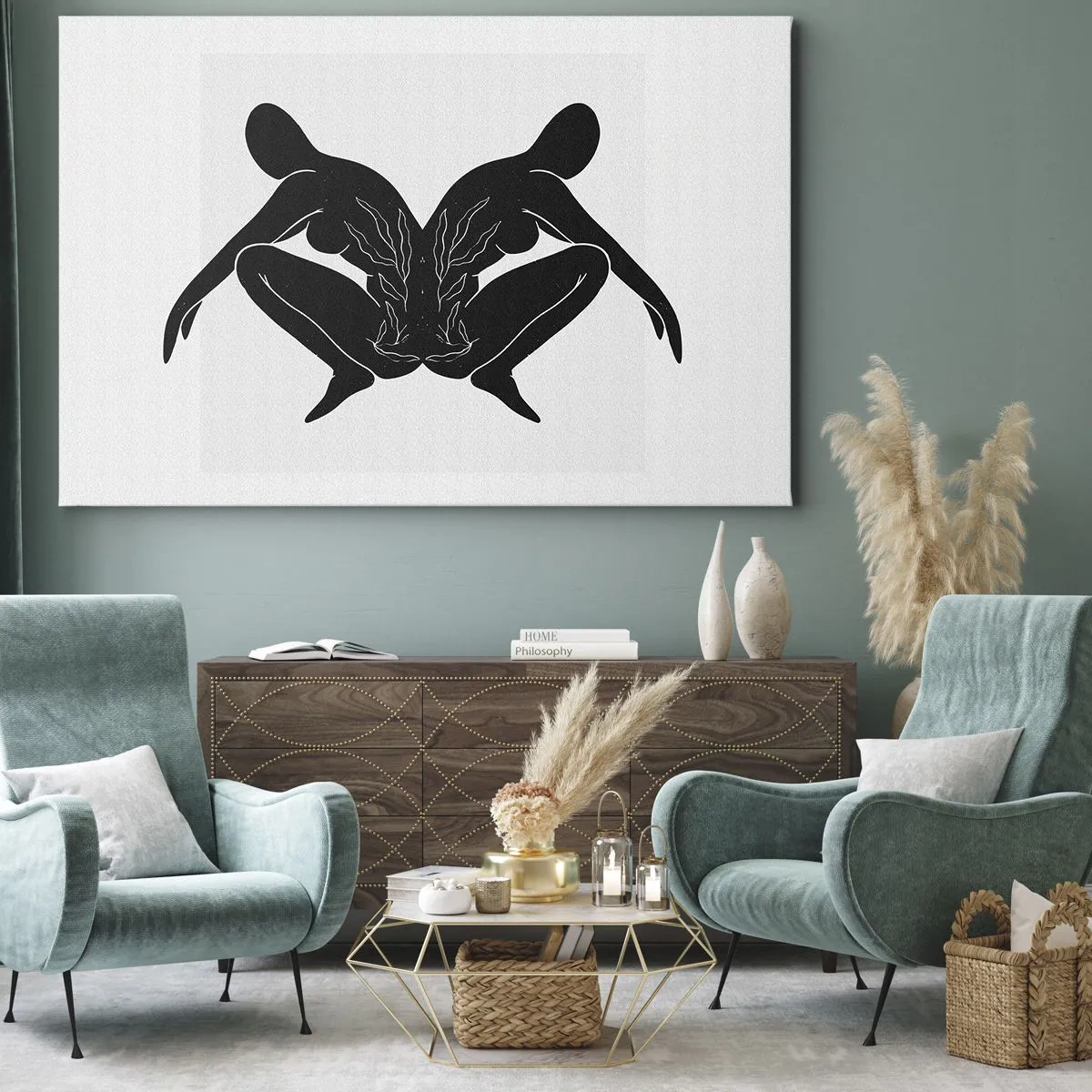 Canvastavla - Bild på duk - Svarta silhuetter i symmetrisk position mot vit bakgrund - 70x50cm - En delad själ - Modern väggdekoration för vardagsrum och sovrum ARTTOR