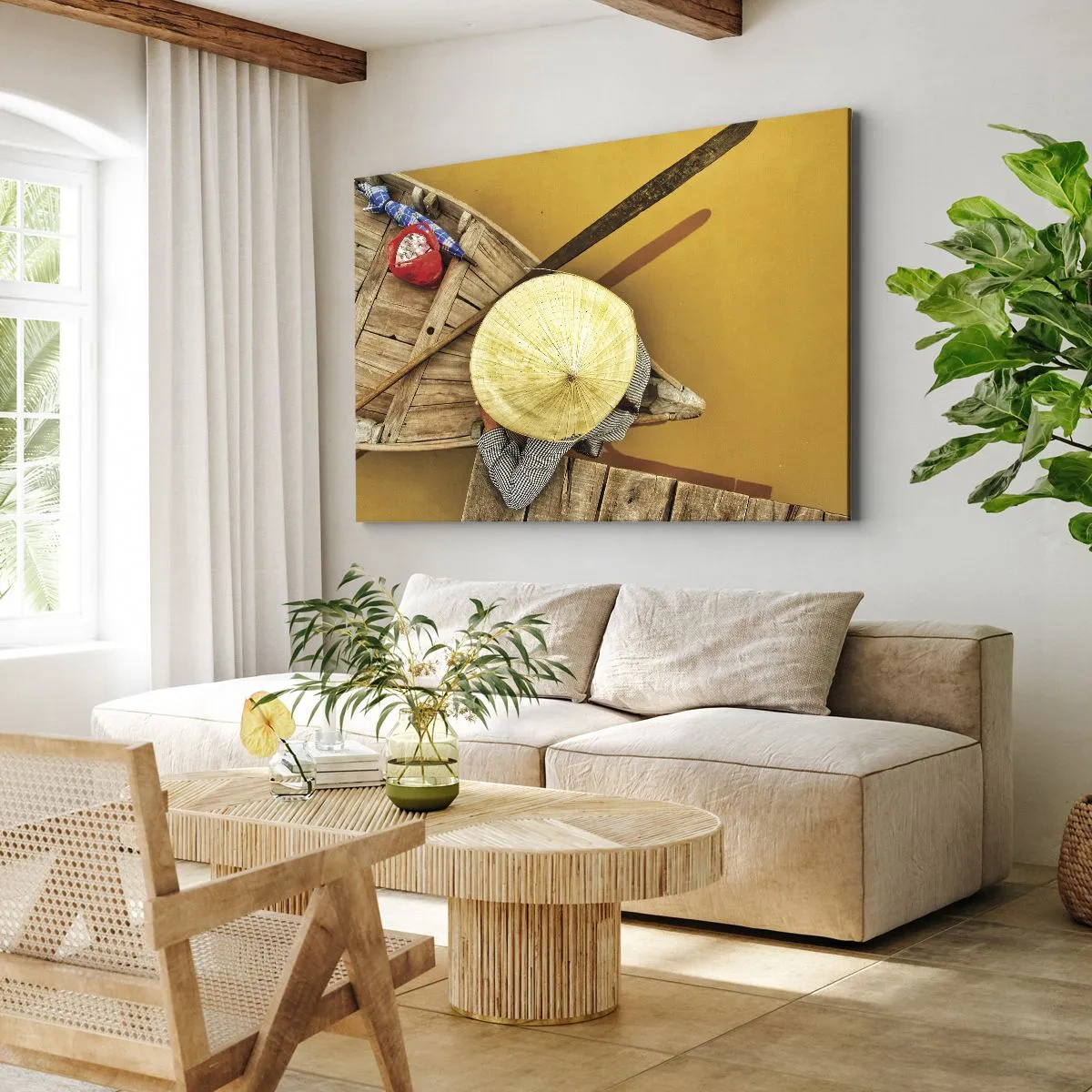 Canvastavla - Bild på duk - En traditionell båt sedd från ett fågelperspektiv - 70x50cm - Liv på den gula floden - Modern väggdekoration för vardagsrum och sovrum ARTTOR