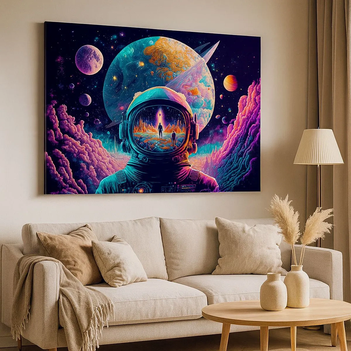 Canvastavla - Bild på duk - Astronaut i rymden med ett färgstarkt planetlandskap - 70x50cm - Filosofer har aldrig drömt - Modern väggdekoration för vardagsrum och sovrum ARTTOR