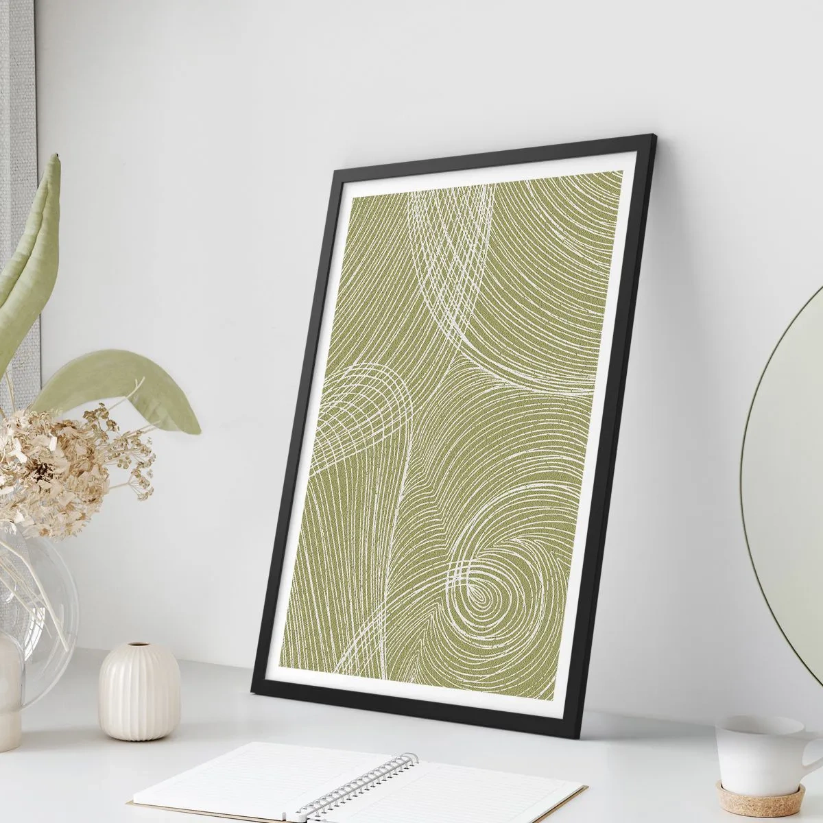Affisch i svart ram - En abstrakt komposition i gröna nyanser med dynamiska linjer. - 50x70cm - Intrikat abstraktion i vitt - Modern väggdekoration för vardagsrum och sovrum ARTTOR