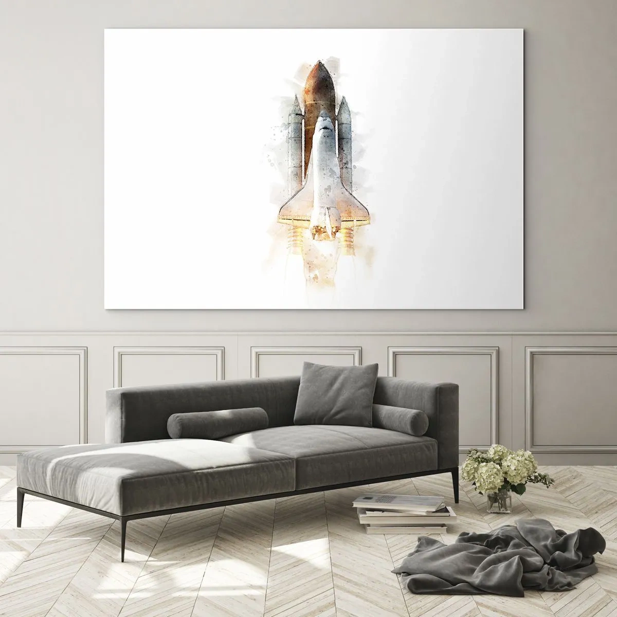 Glastavla - Bild på glas - En rymdfärja som lyfter i akvarellstil mot vit bakgrund. - 70x50cm - Upptäckare efter start - Modern väggdekoration för vardagsrum och sovrum ARTTOR