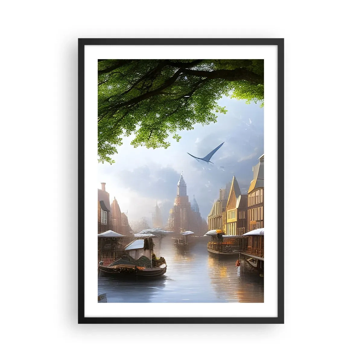 Affisch i svart ram - Pittoresk utsikt över kanalen med historisk arkitektur - 50x70cm - Holländsk stadsbild - Modern väggdekoration för vardagsrum och sovrum ARTTOR