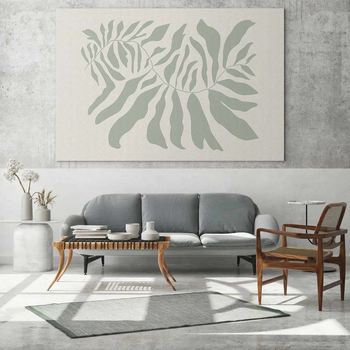 Glastavla - Bild på glas - En smaragdgrön gren med organiska former på en ljus bakgrund - 70x50cm - Smaragdgrön gren - Modern väggdekoration för vardagsrum och sovrum ARTTOR