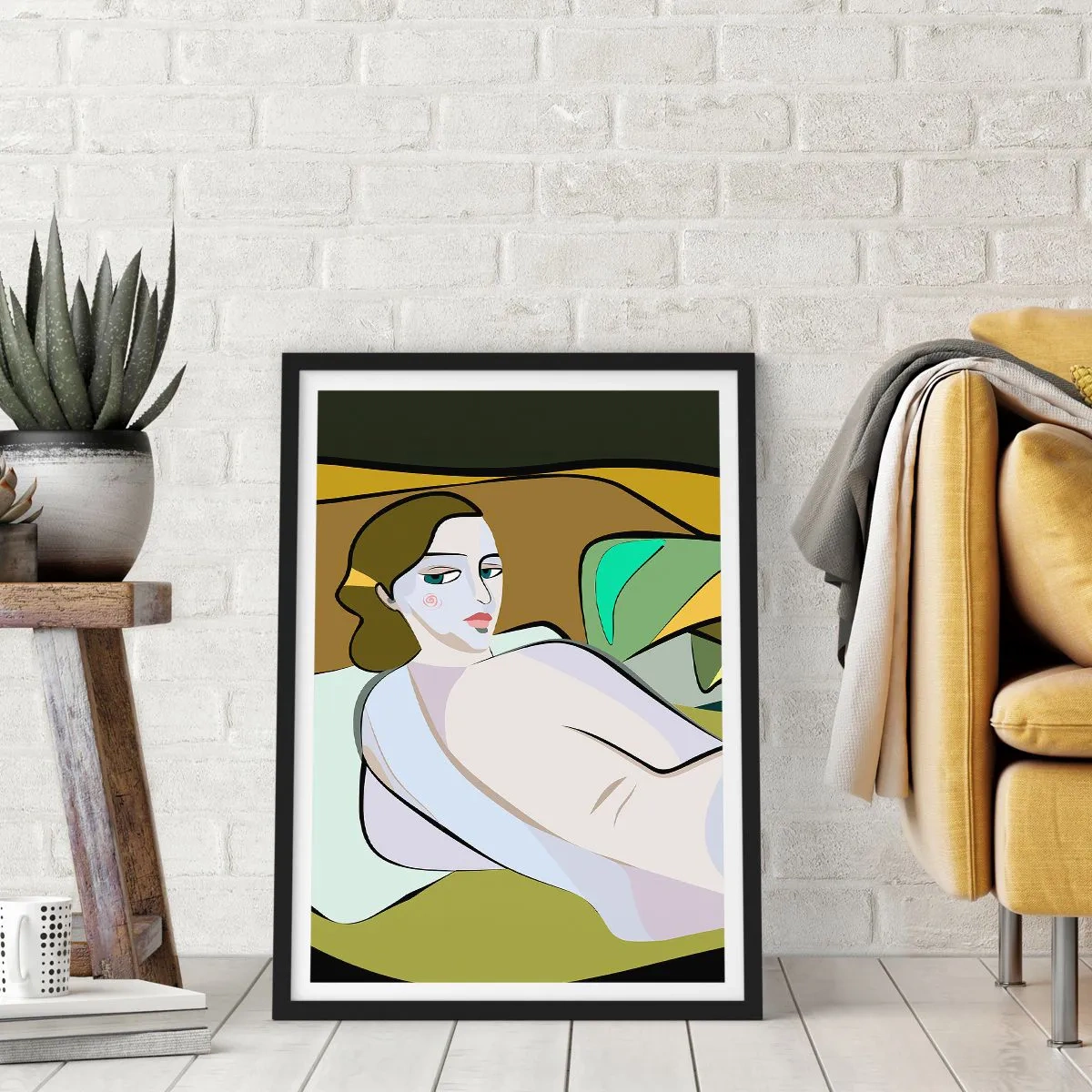 Affisch i svart ram - En kvinna i abstrakt stil mot en grön och brun bakgrund - 50x70cm - Intim porträtt - Modern väggdekoration för vardagsrum och sovrum ARTTOR