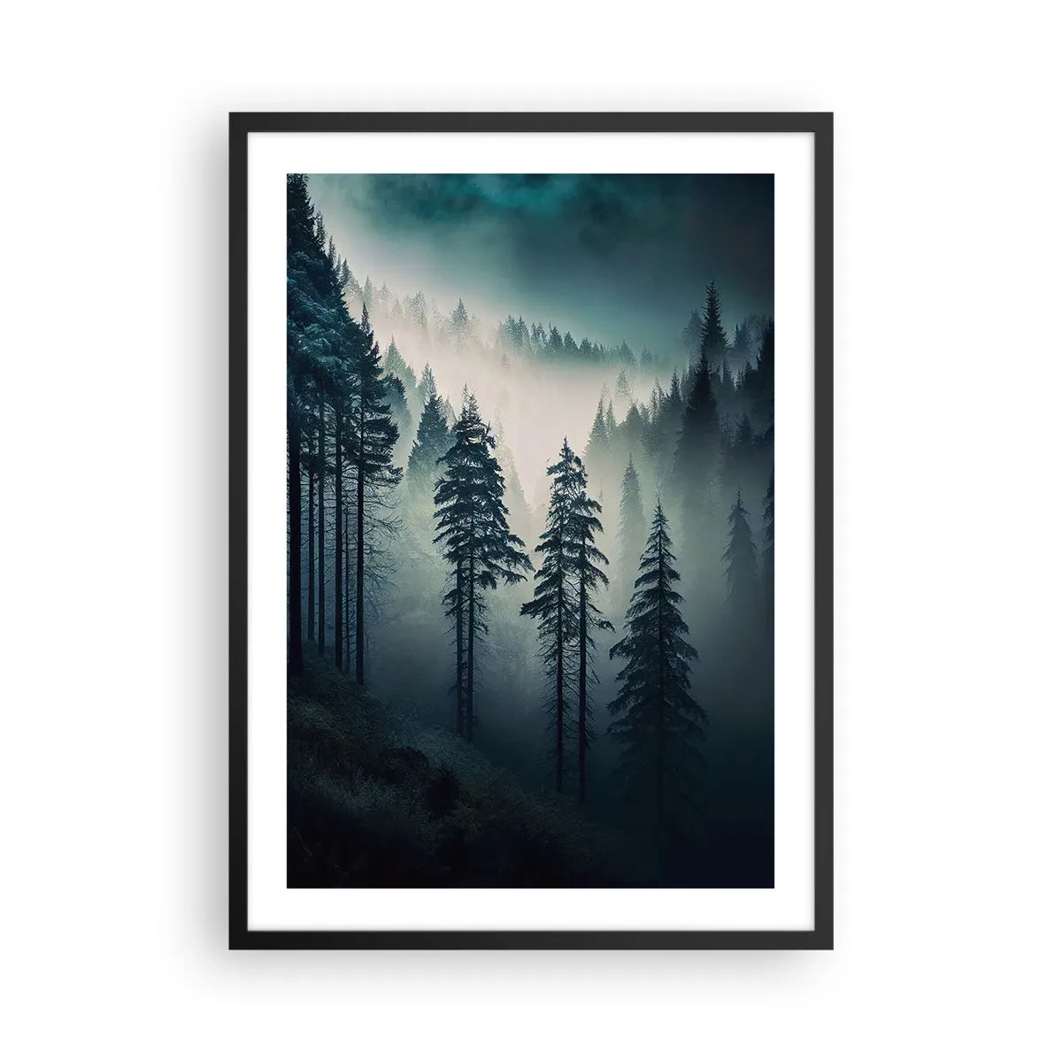 Affisch i svart ram - En mörk skog höljd i dimma - 50x70cm - Morgon i fjällen - Modern väggdekoration för vardagsrum och sovrum ARTTOR