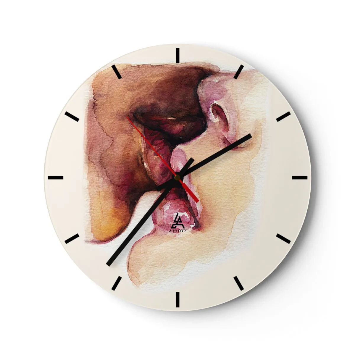 Väggklocka - Klocka på glas - En kyss av två ansikten i akvarellstil - 30x30cm - Som dag och natt, jord och himmel - Modern väggdekoration för vardagsrum, kök och sovrum ARTTOR