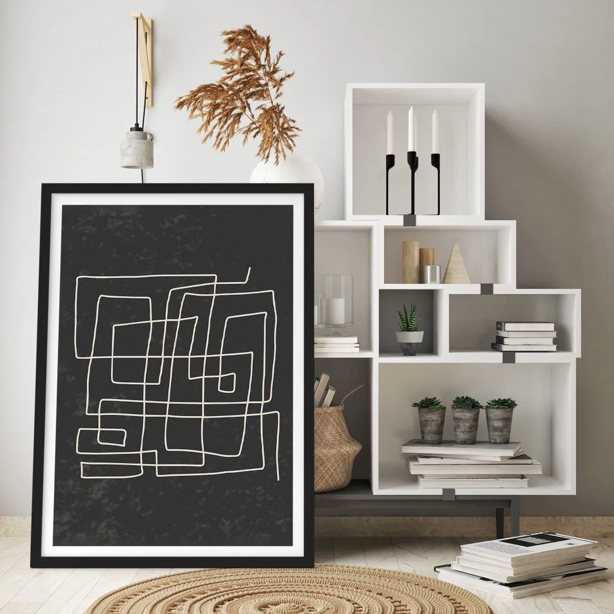 Affisch i svart ram - Geometrisk abstraktion på svart bakgrund - 50x70cm - Inte så enkelt - Modern väggdekoration för vardagsrum och sovrum ARTTOR