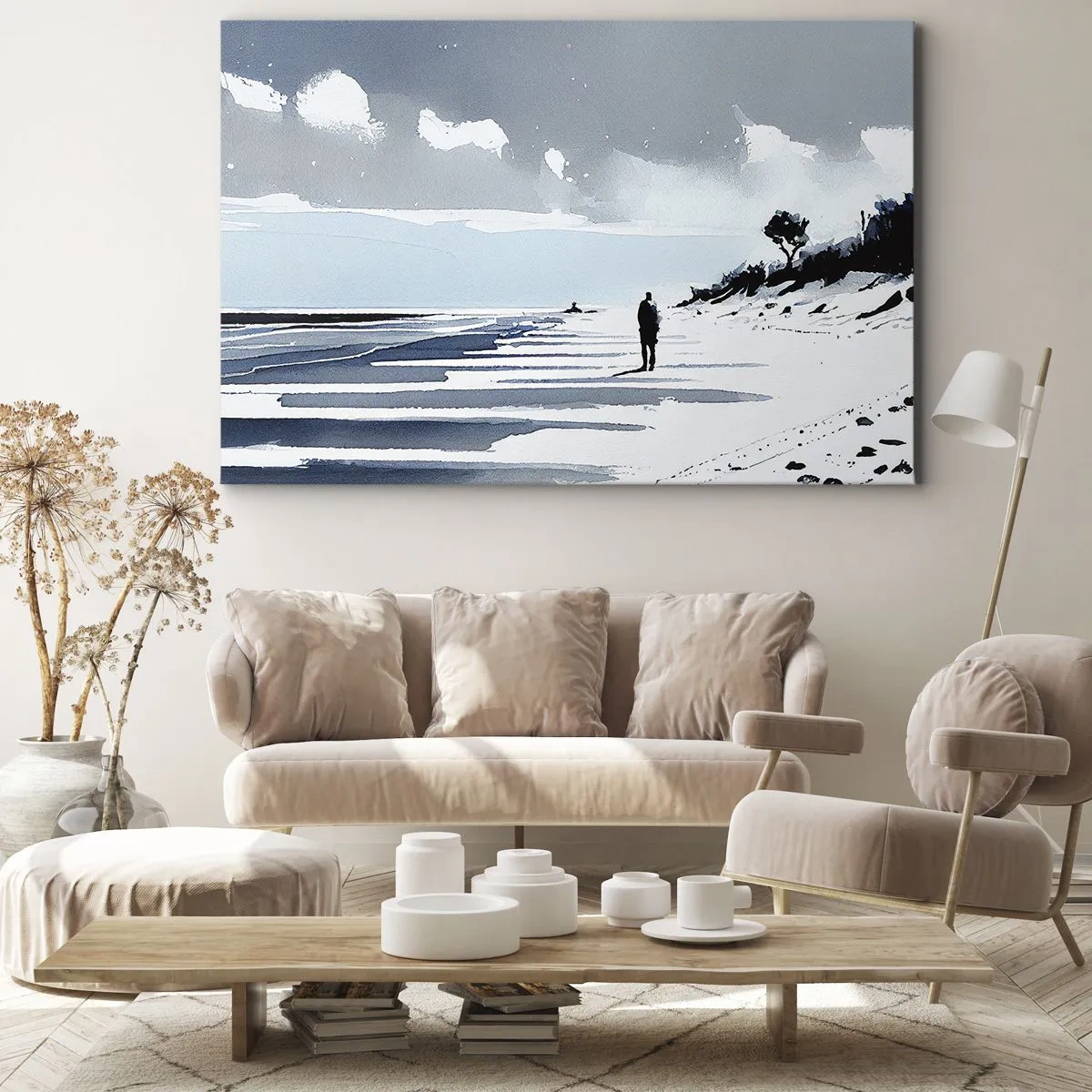 Canvastavla - Bild på duk - En ensam figur som går på en tom strand - 70x50cm - Ensam - Modern väggdekoration för vardagsrum och sovrum ARTTOR