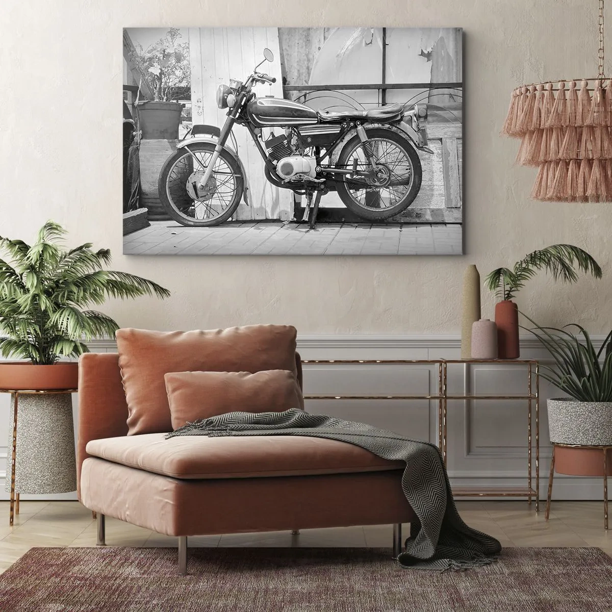 Canvastavla - Bild på duk - Svartvitt foto av en klassisk motorcykel - 70x50cm - Klassik framför allt - Modern väggdekoration för vardagsrum och sovrum ARTTOR