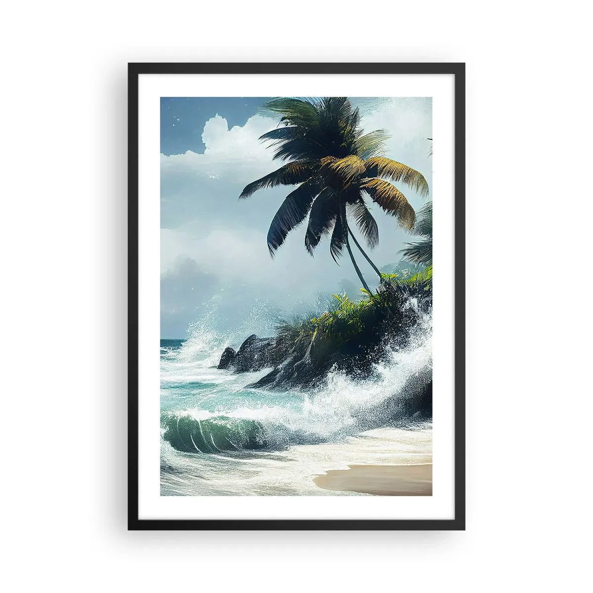 Affisch i svart ram - Tropisk strand med palmer och ett vågigt hav - 50x70cm - På en tropisk strand - Modern väggdekoration för vardagsrum och sovrum ARTTOR