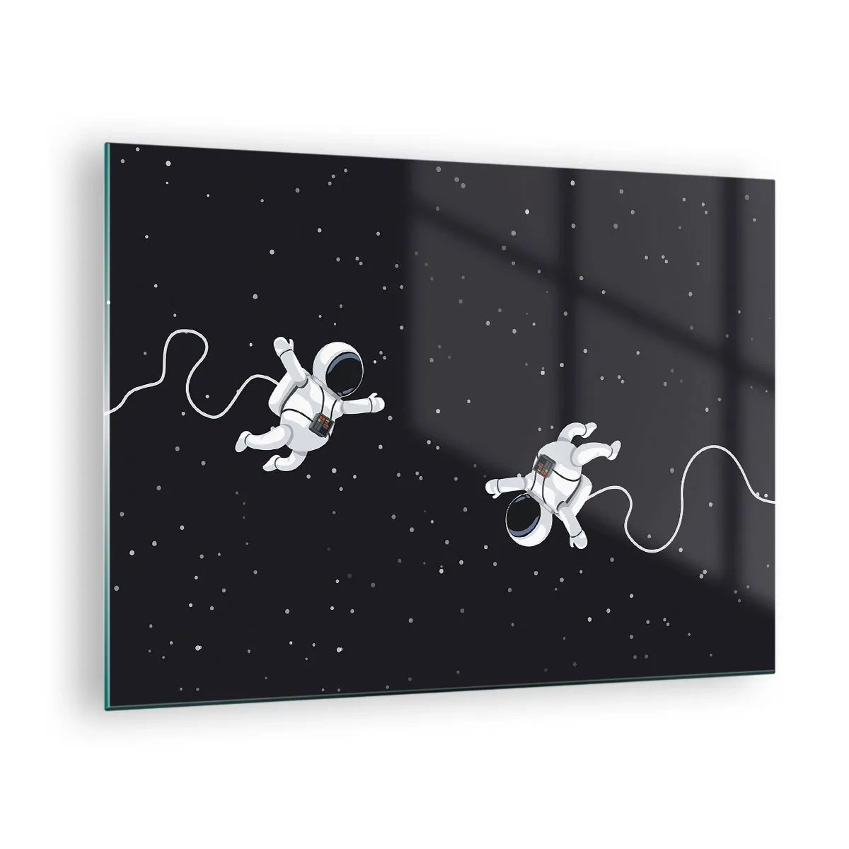 Glastavla - Bild på glas - Två astronauter som svävar i rymden - 70x50cm - Rymddans - Modern väggdekoration för vardagsrum och sovrum ARTTOR