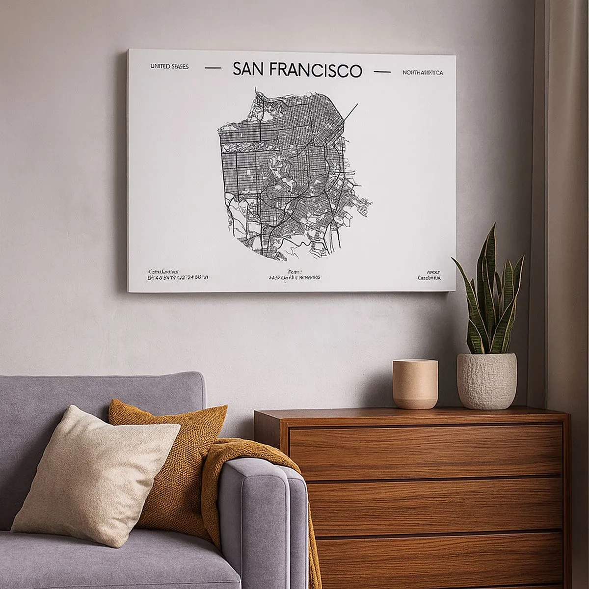 Canvastavla - Bild på duk - En karta över San Francisco i svartvit minimalistisk stil. - 70x50cm - San Franciscos anatomi - Modern väggdekoration för vardagsrum och sovrum ARTTOR