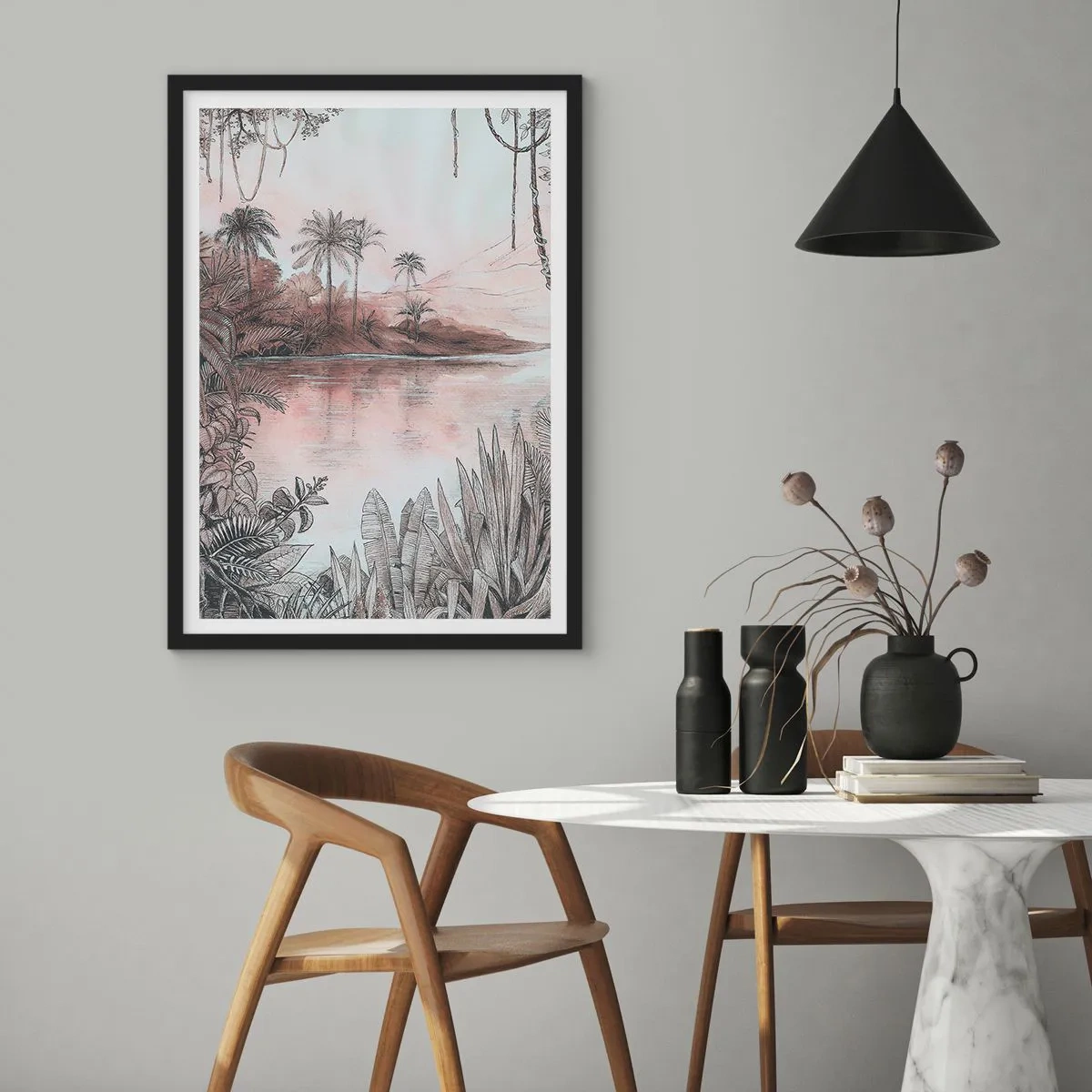 Affisch i svart ram - Exotiskt landskap vid vattnet - 50x70cm - En upptäcktsresandes dagbok från 1800-talet - Modern väggdekoration för vardagsrum och sovrum ARTTOR