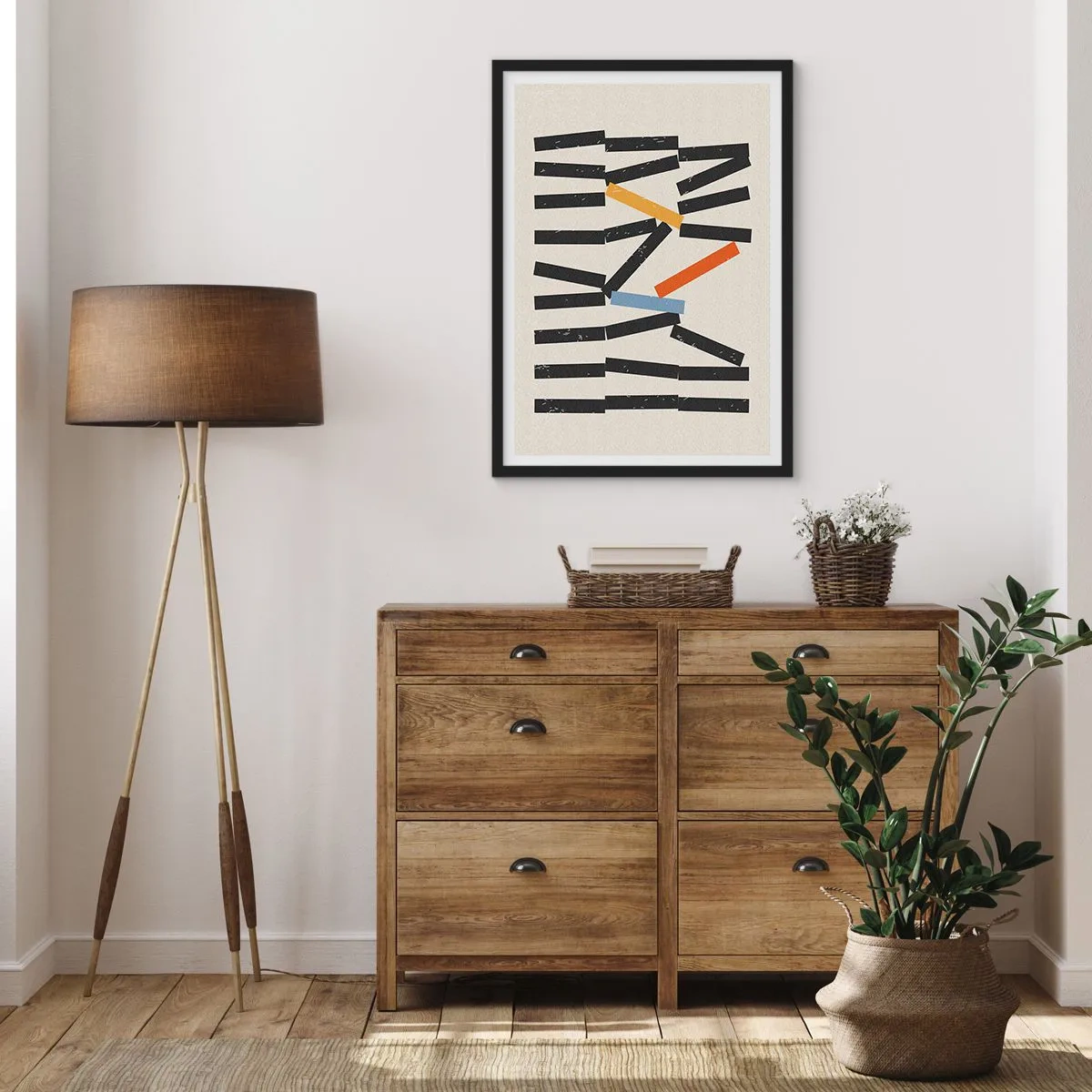 Affisch i svart ram - Abstrakt geometrisk komposition med färgglada accenter - 50x70cm - Domino - komposition - Modern väggdekoration för vardagsrum och sovrum ARTTOR