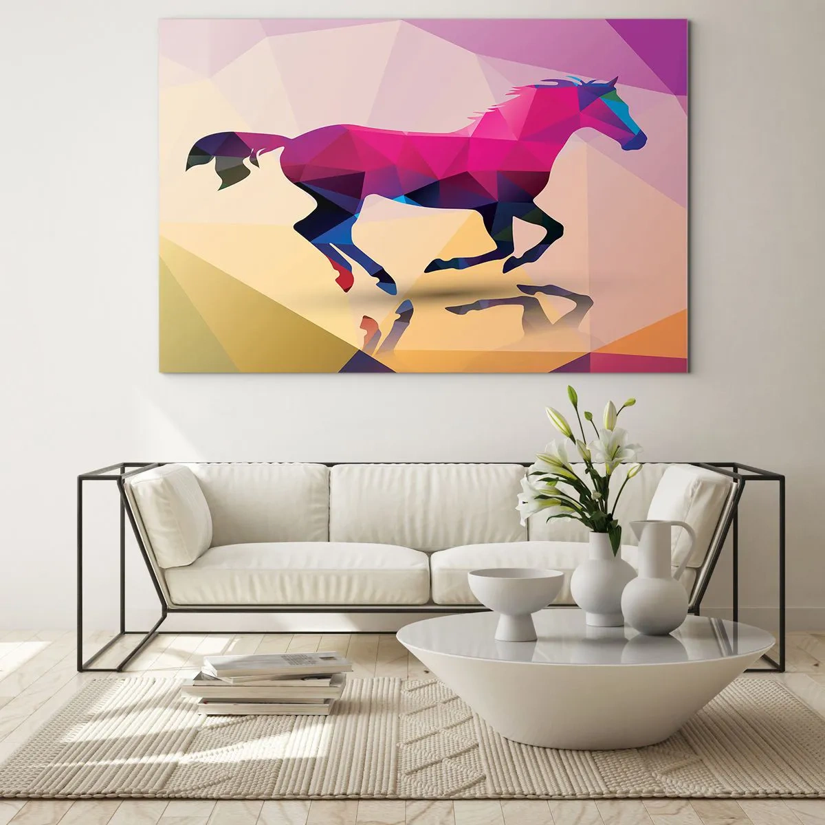 Glastavla - Bild på glas - Geometrisk häst i färgglad abstraktion - 70x50cm - Kubismen lever - Modern väggdekoration för vardagsrum och sovrum ARTTOR