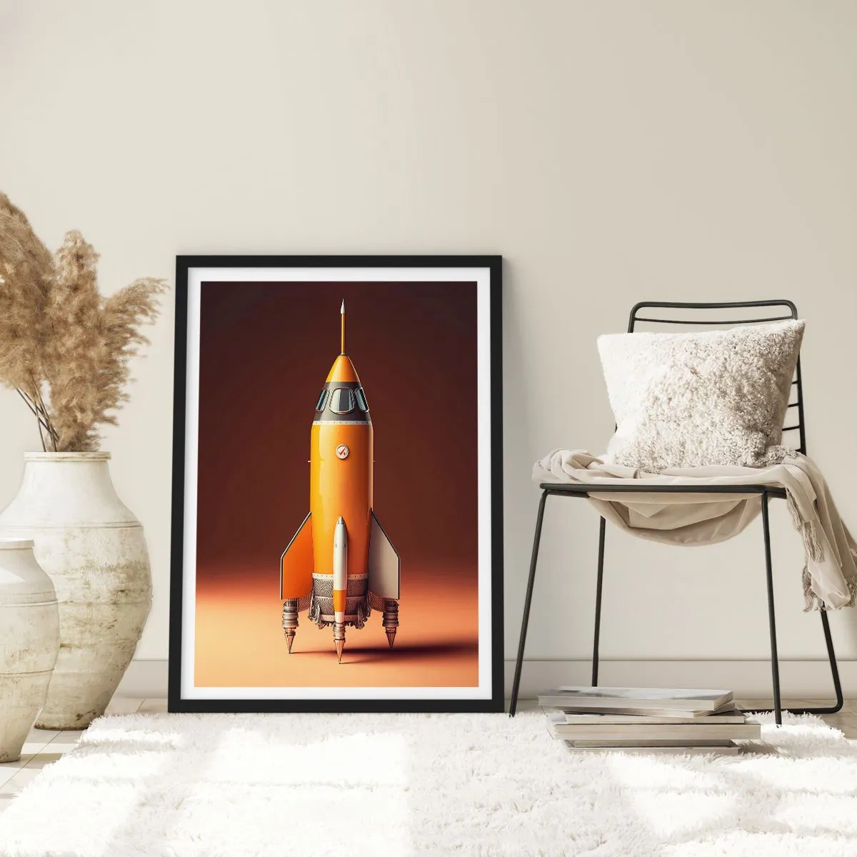Affisch i svart ram - En modern rymdraket mot en bakgrund av varma färger. - 50x70cm - Det börjar med en dröm - Modern väggdekoration för vardagsrum och sovrum ARTTOR