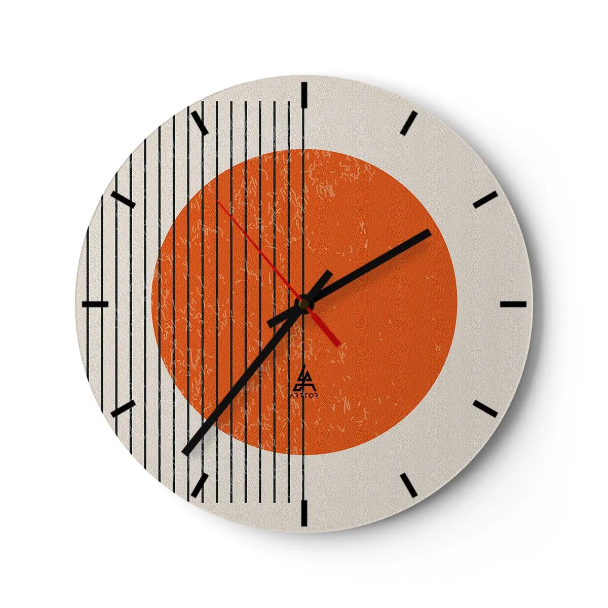 Väggklocka - Klocka på glas - Orange cirkel och svarta linjer på en beige bakgrund - 30x30cm - Alltid solen - Modern väggdekoration för vardagsrum, kök och sovrum ARTTOR