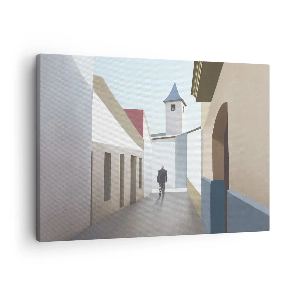 Canvastavla - Bild på duk - En minimalistisk gata med en manssilhuett i bakgrunden - 70x50cm - Solig promenad - Modern väggdekoration för vardagsrum och sovrum ARTTOR