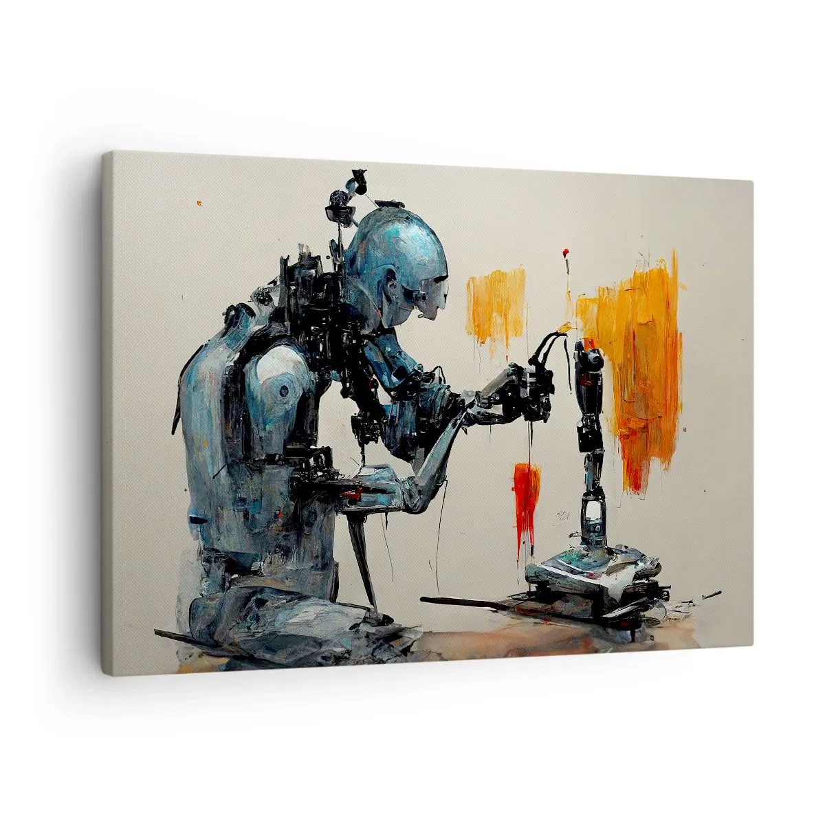 Canvastavla - Bild på duk - Robot på jobbet med abstrakt bakgrund - 70x50cm - Kommer i morgon... - Modern väggdekoration för vardagsrum och sovrum ARTTOR