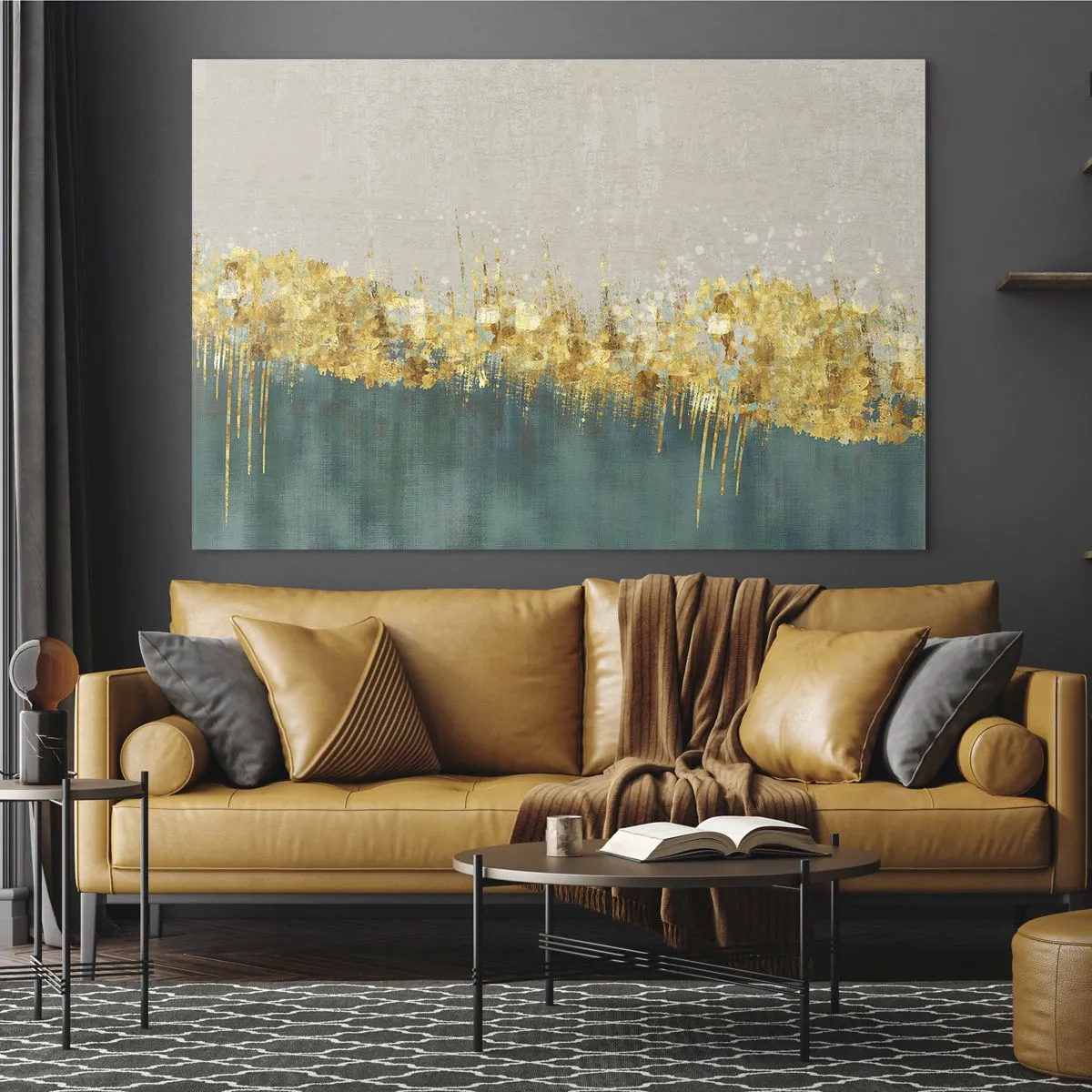 Glastavla - Bild på glas - Guldfärgade accenter skapar en gräns mellan beige och flaskgrönt - 70x50cm - Den gyllene gränsen - Modern väggdekoration för vardagsrum och sovrum ARTTOR