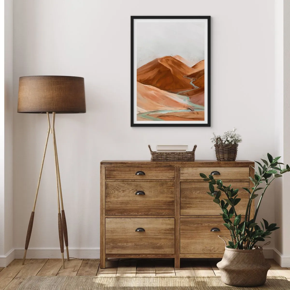 Affisch i svart ram - En flod som rinner genom bruna berg, ett stiliserat landskap - 50x70cm - Till källan - Modern väggdekoration för vardagsrum och sovrum ARTTOR