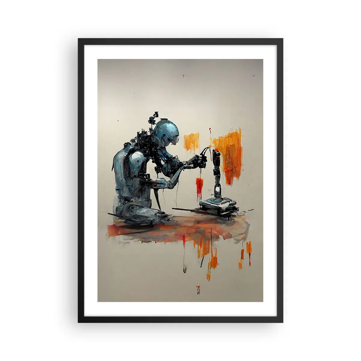 Affisch i svart ram - En cybernetisk robot i färd med att skapa konst. - 50x70cm - Kommer i morgon... - Modern väggdekoration för vardagsrum och sovrum ARTTOR