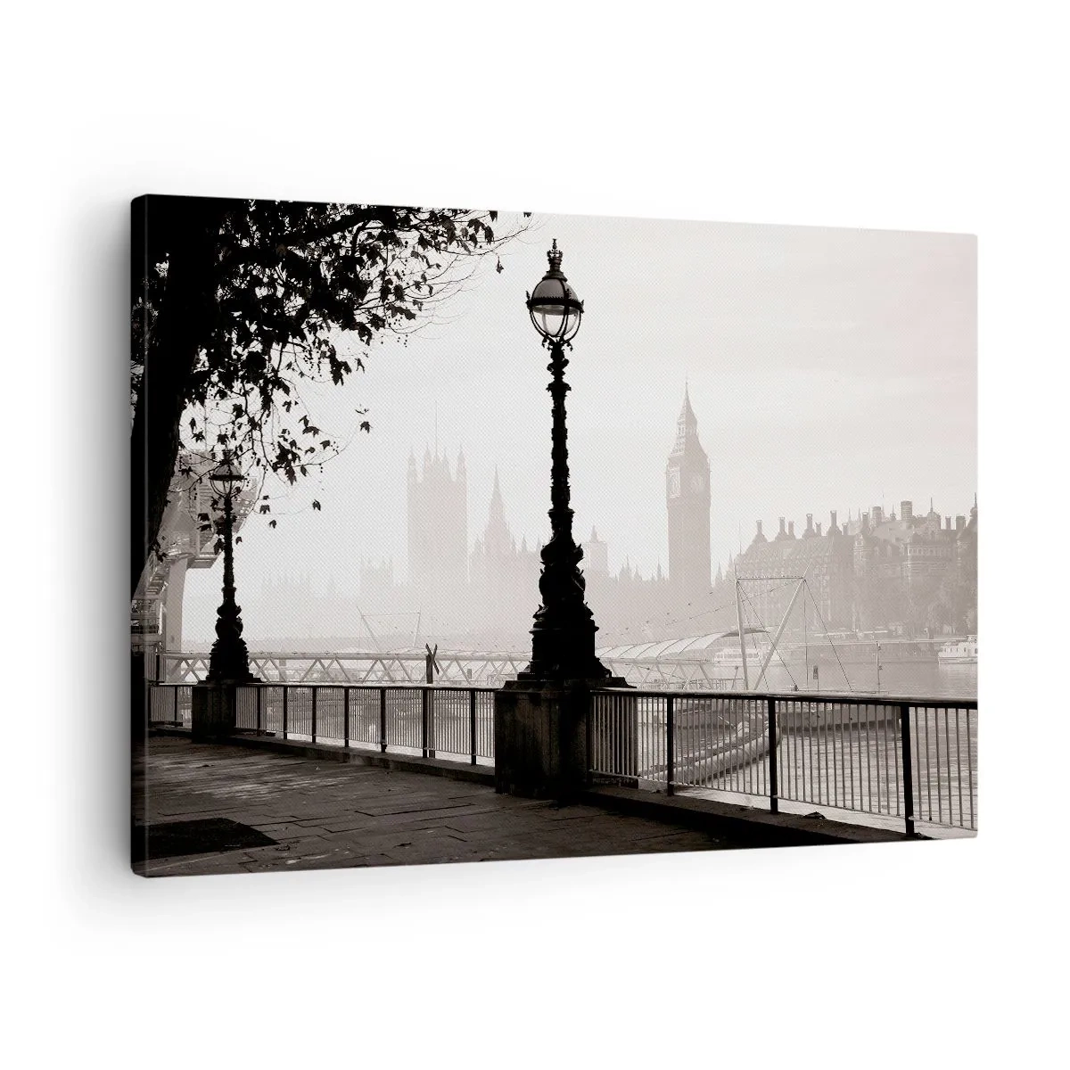 Canvastavla - Bild på duk - En monokromatisk vy av Big Ben och Themsen. - 70x50cm - Morgon i London - Modern väggdekoration för vardagsrum och sovrum ARTTOR