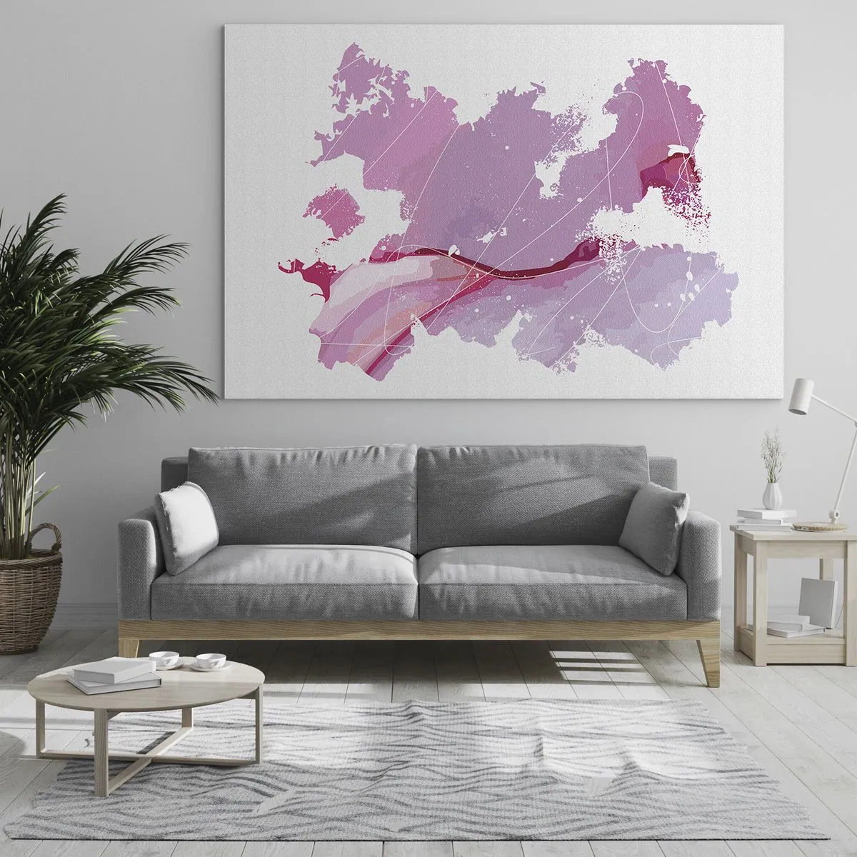 Glastavla - Bild på glas - Abstrakt karta i nyanser av rosa och lila på vit bakgrund - 70x50cm - Karta över en rosa värld - Modern väggdekoration för vardagsrum och sovrum ARTTOR