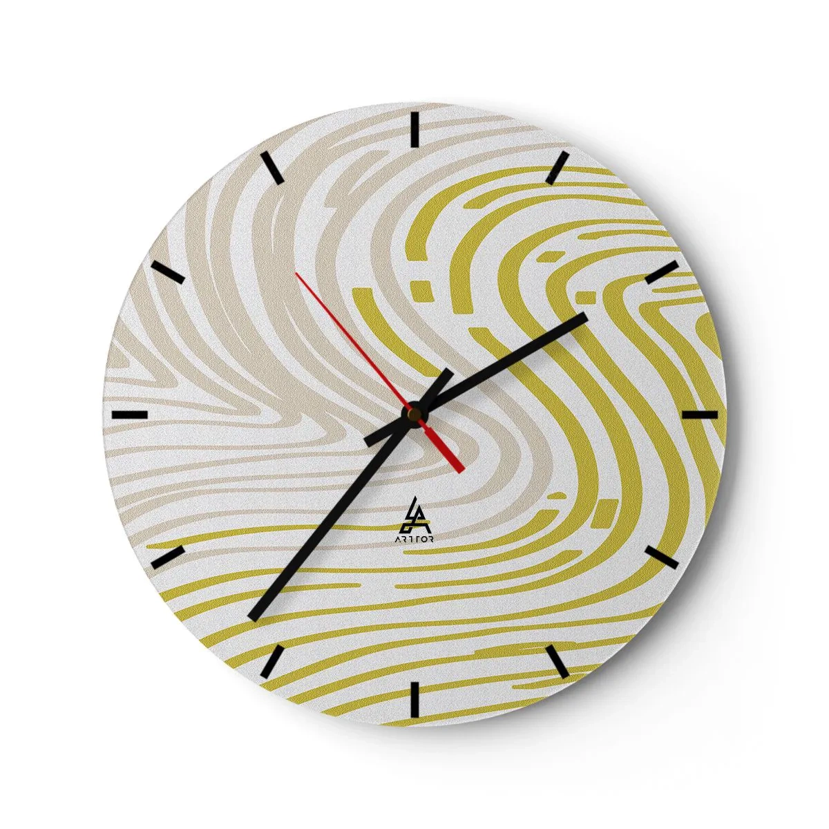Väggklocka - Klocka på glas - Abstrakta linjer i beige och gult skapar ett virvlande mönster. - 30x30cm - Komposition med en mjuk böjning - Modern väggdekoration för vardagsrum, kök och sovrum ARTTOR