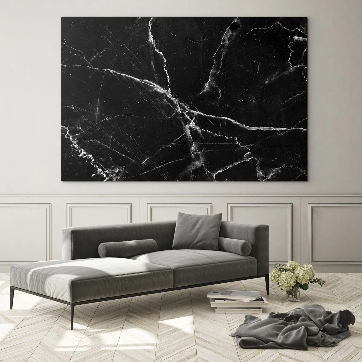 Glastavla - Bild på glas - Svart marmoryta med ljusa ådror - 70x50cm - Stenens hemliga liv - Modern väggdekoration för vardagsrum och sovrum ARTTOR