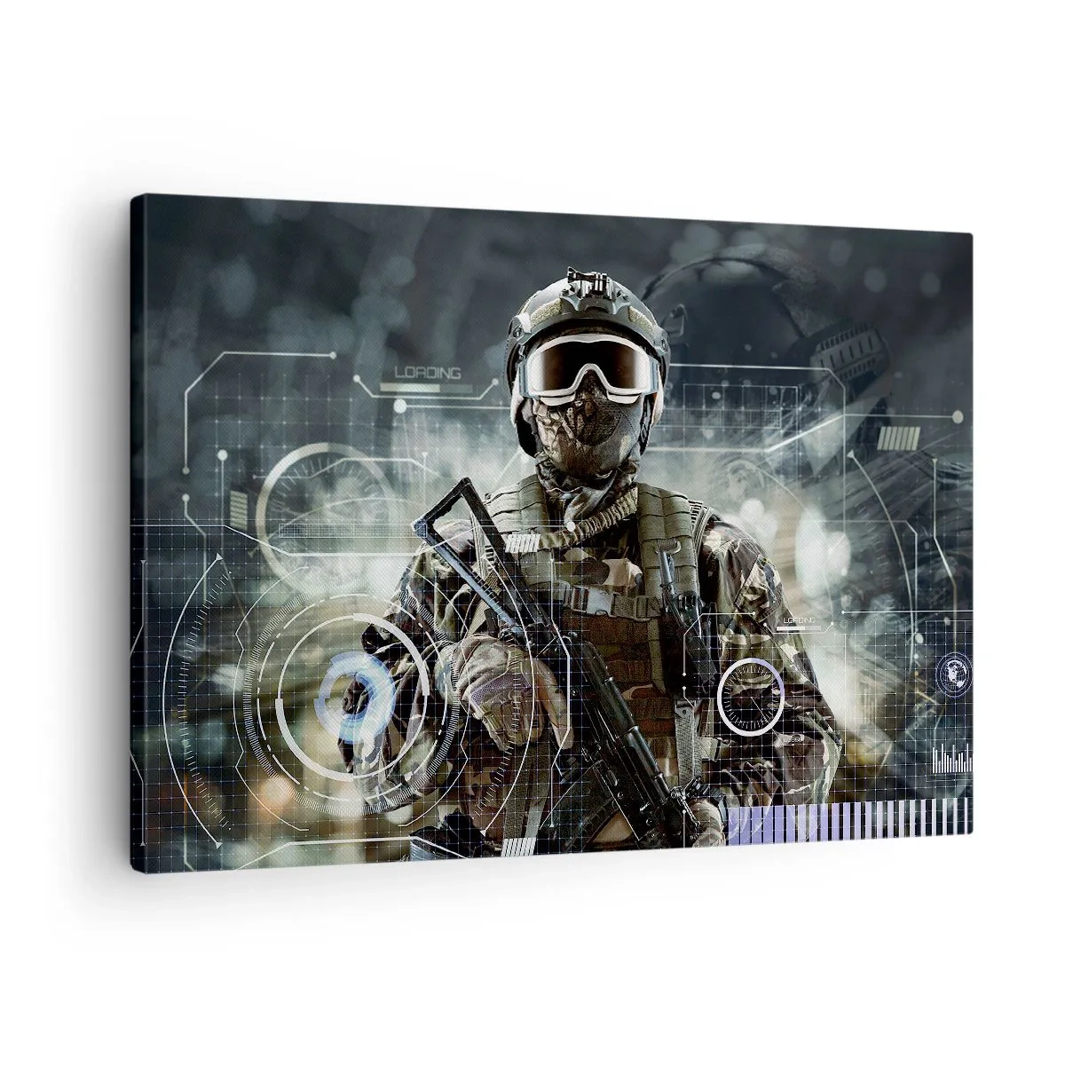 Canvastavla - Bild på duk - En soldat i en futuristisk hjälm med ett vapen i bakgrunden av teknologi. - 70x50cm - Makt - Modern väggdekoration för vardagsrum och sovrum ARTTOR
